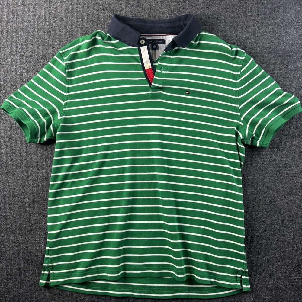 Tommy Hilfiger Polo Shirt Mens XL Green Striped Cotton Short Sleeve EUC